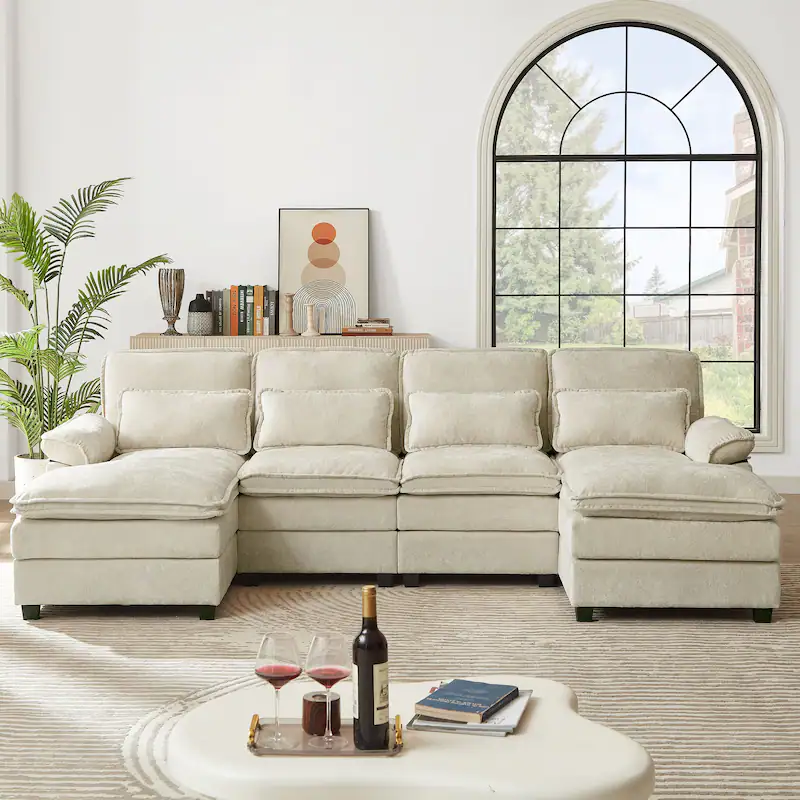 113 Inches Oversized Double Layer Cloud Design U Shaped Sofa with Double Chaise